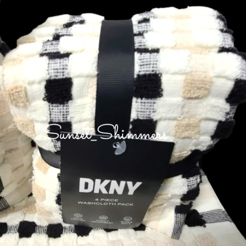 DKNY 8Pc 2 Bath 2 Hand 4 Washcloth TAN BLACK WHITE Gingham Check Towel Set NEW